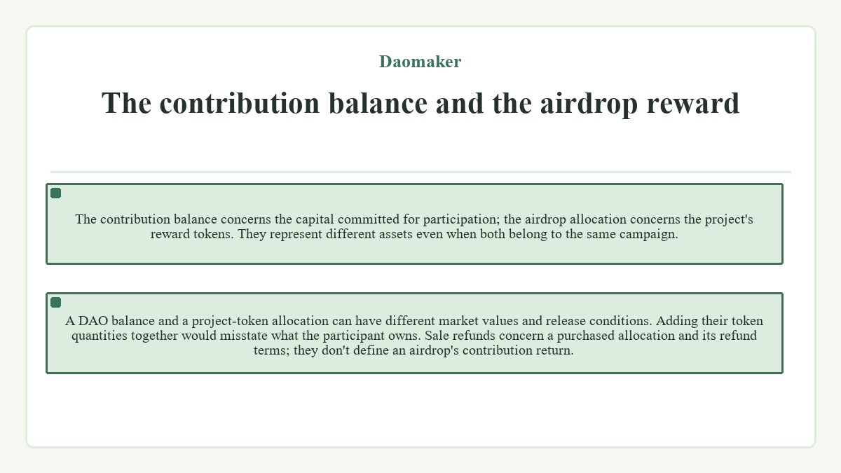 Visual outline: Daomaker - The contribution balance and the airdrop reward